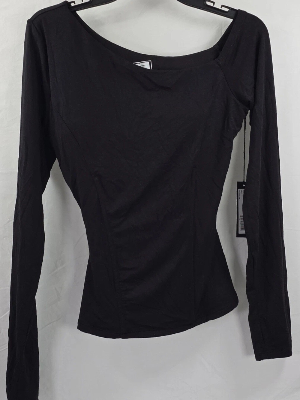 TA3 Shapey One Shoulder Top Long Sleeve Shirt Lace Up Back Corset Black L NWT